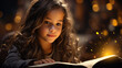 Student little girl reading with book indoors with lights on background