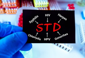 Poster - STD (Sexually Transmitted Disease) term, HIV, Syphilis, Herpes, HPV, Chlamydia, gonorrhea. STDs , STOP STD. Medical and healthcare concept.  laboratory background.