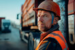 portrait of an experienced adult male truck driver wearing a hard hat and neon vest standing near his truck. Transport transportation, logistics