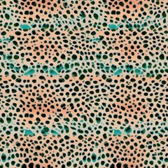 Poster - A seamless pattern featuring a leopard print design with coral background and teal spots, evoking a wild and exotic feel.