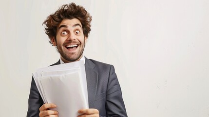 Wall Mural - A photo studio with a white background of a awesome guy with a suits with an some paper in his hands smiling and watching to the camera