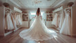 Die letzte Anprobe: Eine Braut im atemberaubenden Hochzeitskleid steht vor dem Spiegel in einem Brautmodengeschäft