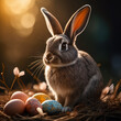 Easter bunny with several easter eggs around on a dark backdrop black background