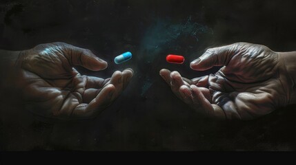 Two hands emerge from darkness; one holds a red pill, the other a blue pill, against a stark black background.