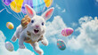 Realistic Easter Bunny parachuting with eggs also falling in a bright blue sky with a few clouds