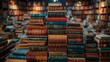 Stacks of assorted old books in a vintage library setting. Knowledge and education concept. Design for backdrop, wallpaper, bookshop poster. Banner with copy space for World Book Day.