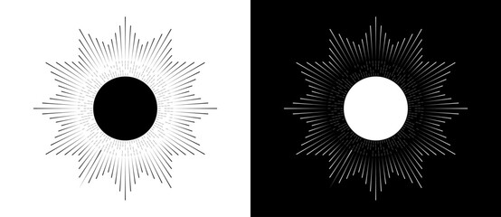 Aufkleber - Abstract sun concept with artistic geometric lines around circle. Tattoo styles, logo or icon. Black shape on a white background and the same white shape on the black side.