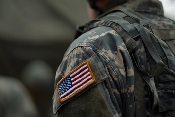 a close up of a soldier's uniform with an american flag patch on the shoulder