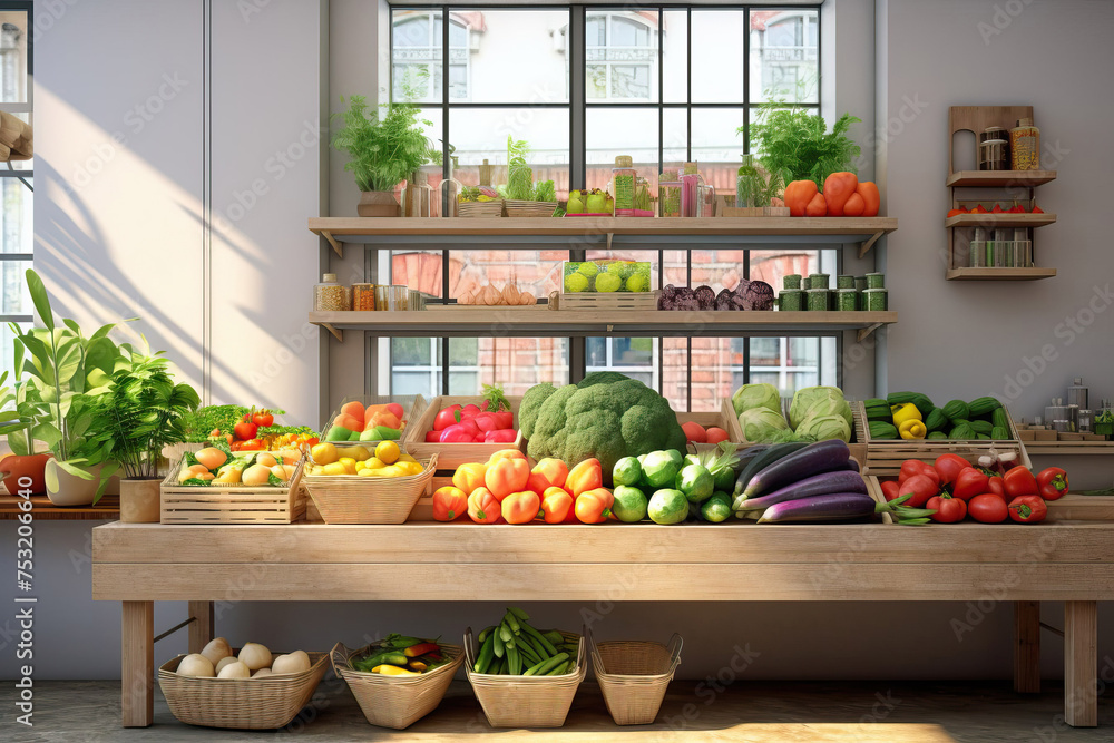 abstract vege store with variety of fruits and vegetables on shelves ...