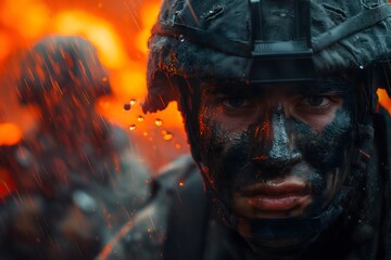Wall Mural - Military soldiers with guns, wearing helmets and protective gear, standing in a war zone with debris and explosions in the background