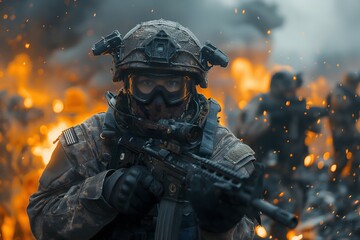 Wall Mural - Military soldiers with guns, wearing helmets and protective gear, standing in a war zone with debris and explosions in the background