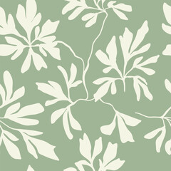 Seamless laconic floral ink set vector trending pattern, handmade doodle drawing for fabric design, decor, ceramics, greeting cards, flowers, texture print on a green background