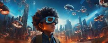 Boy in futuristic VR googles is exploring world with feeling like in space, banner. Generative Ai.