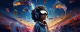 Fototapeta Zwierzęta - Boy in futuristic VR googles is exploring world with feeling like in space, banner. Generative Ai.