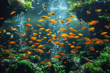  A lively school of bright orange fish swims together in a beautifully maintained aquarium setting