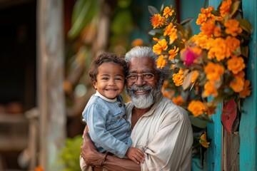 Wall Mural - A man and a child are smiling at the camera