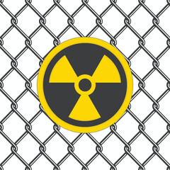Chain link fence with danger yellow radioactive sign. Fences made of metal wire mesh on white background. Wired Fence pattern in flat style.