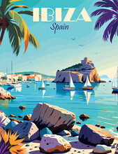 Ibiza, Spain Travel Destination Poster In Retro Style. Coastal Vintage Colorful Print. European Summer Vacation, Holidays Concept. Vector Art Illustration.