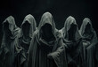 Group of people in black cloaks with hoods, in a mysterious setting. An creepy dramatic atmosphere.