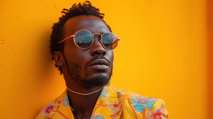 Close-up portrait of young handsome man, bearded African American man in stylish fashionable clothes. Banner with copy space