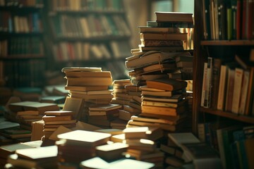 Wall Mural - Pile of books on the blurred background of the library or bookshop