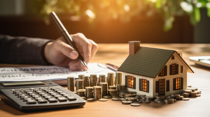 Wall Mural - Man is signing a document next to a small model house and a calculator