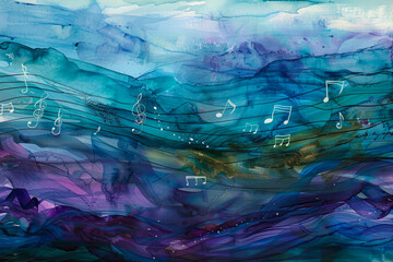 Wall Mural - An underwater symphony--waves of sound ripple through an abstract ocean. Musical notes blend with watercolor hues--violets, teals, and electric yellows