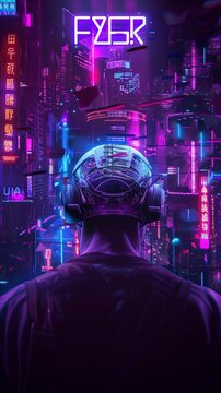 Man Exploring Futuristic Cyberpunk City With Neon Lights. Generative AI