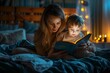 © MIKHAIL - Woman Reading Book to Child on Bed. Generative AI