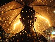 Rainy rainy day. Woman in raincoat with umbrella on rainy day. A close-up shot of a person holding an umbrella in a torrential downpour, with lightning bolts illuminating the raindrops falling around 