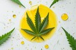 Idealistic cannabis leaf on white background in smooth neat circle of yellow hemp oil, minimalist, aesthetic, simple. Top view. Medicinal marijuana in beauty industry. CBD, CBN oil concept