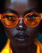 © Manu Prats - Confident Gaze, Neon Orange Glasses, Black Woman Intense Portrait