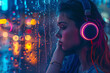 beautiful girl crying in headphones looking at window with rain , neon background