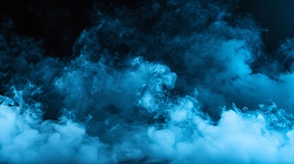 Wall Mural - Blue smoke on the floor on a dark background. Light clouds of fog lie on the ground and rise upward. Empty wall. Abstract effect for stage, theater and concert design.