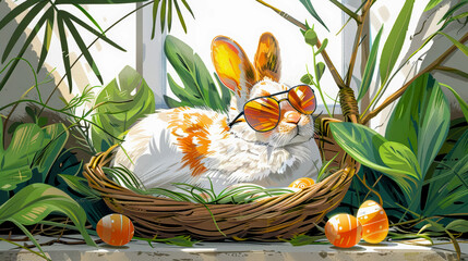 Wall Mural - Cute white Easter Bunny, surrounded with spring flowers, sitting in a Easter basket with Easter eggs. watercolor illustration.