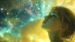 Young Woman Gazing at Cosmic Universe, To convey a sense of wonder and exploration