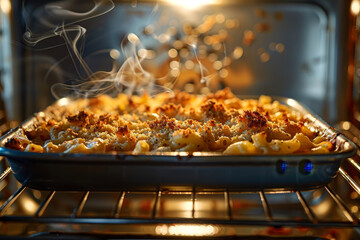 Wall Mural - A macaroni and cheese crisping in the oven with pasta, cheese and breadcrumbs