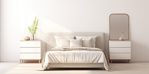 Poster - Contemporary bedroom with mirrored dresser isolated on white background.