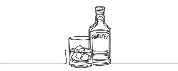 Wall Mural - Continuous one line drawing. Bottle and glass of whiskey with ice. Vector illustration