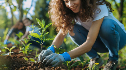 Woman planting a small tree in the ground. Connection with nature, Cultivating a green future. Sowing hope, reaping life. Reforestation and planet care concept. Earth day