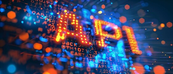 an illustration of Binary code streams shaping the letters API in a programming context.
