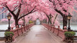 A bridge framed by pink flowering trees adds to the beauty of the spring landscape