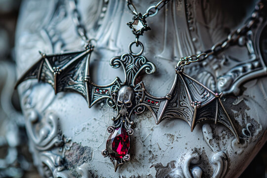 A gothic necklace with a cross, a bat and a ruby