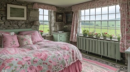 Sticker - a bed sitting in a bedroom next to a window with a pink bedspread and pillows on top of it.