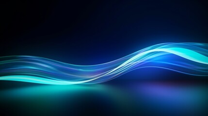 Poster - Azure blue green light effect, curve shape neon speed motion. Futuristic illustration in cyberpunk style light trail vector, slow shutter, night city. Color swirl power waves flow. Electric trail