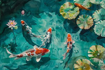 Wall Mural - A jade-green pond mirrors the sky. Lotus leaves float on its surface, their serrated edges catching sunlight.