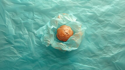 Poster - a piece of bread sitting on top of a piece of blue wax paper on top of a blue table cloth.