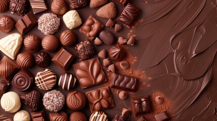 Poster - a table topped with lots of chocolates on top of a chocolate covered table next to a cup of coffee.