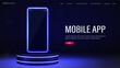 © Dmytro - A web banner with a glass smartphone on the podium in a neon frame on a blue background. A concept for a phone app.