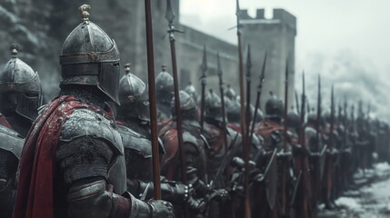 Wall Mural - Group of medieval armored knights armed with spears stood in front of the castle. Warriors return home from the war